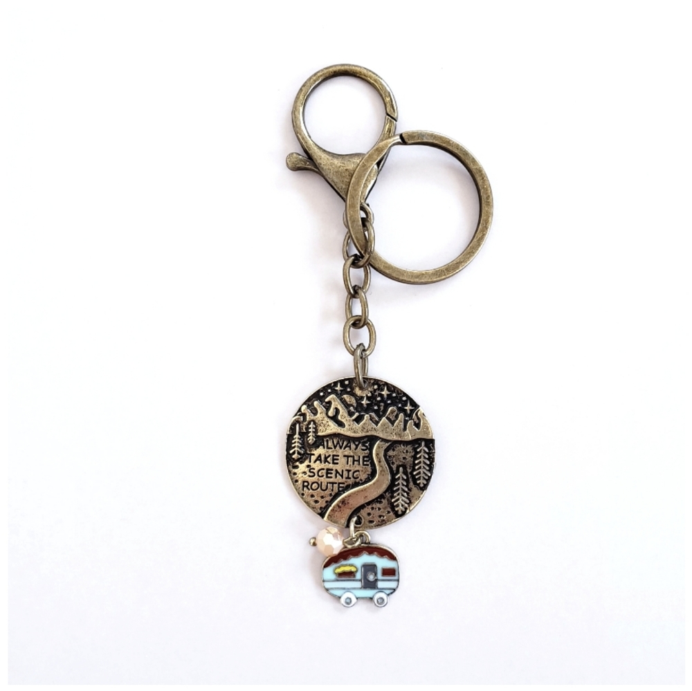 Scenic route antique brass tone key ring
